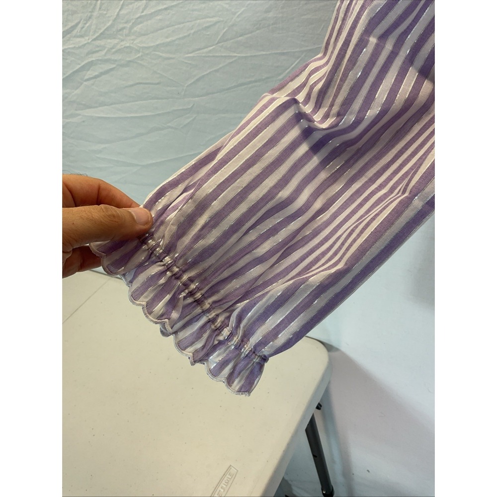 Talbots Lavender-White Striped Ruffle Neck Button-Front Blouse - Picture 3 of 7